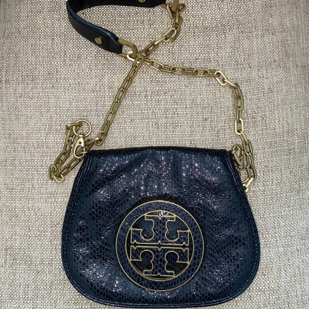Tori Burch- Liquid Metallic Leather Black Crossbody Bag